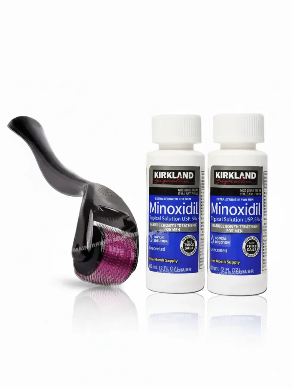 Caixa de Minoxidil kirkland original com dois frascos e dermaroller para tratamento capilar
