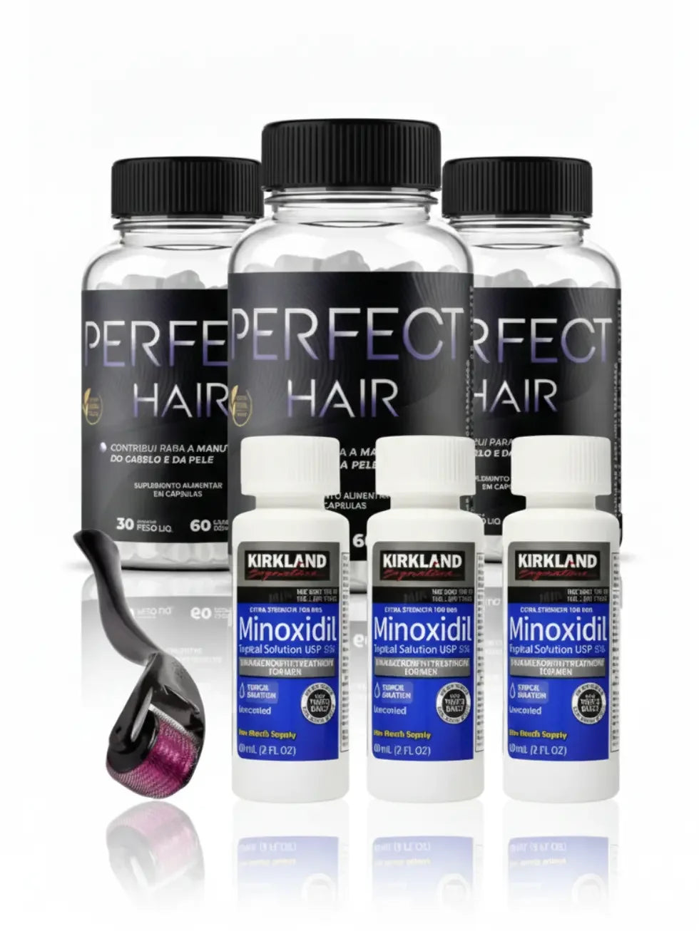 Caixa de Minoxidil kirkland original, frascos, dermaroller e suplementos para cabelo e barba.