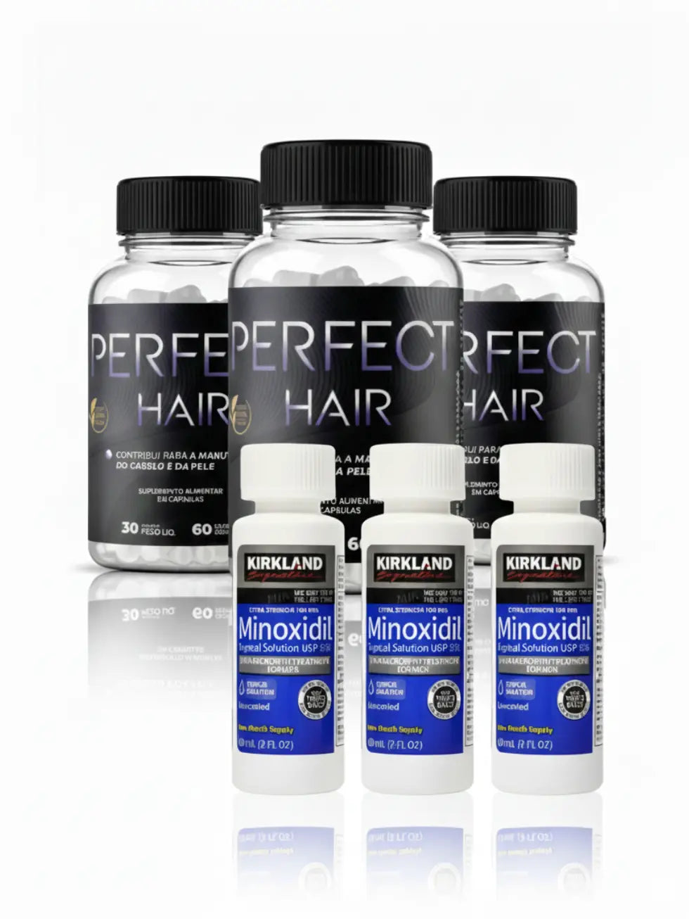 Combo com três frascos de Minoxidil Kirkland 5% e três frascos de Perfect Hair com 60 cápsulas cada, para tratamento completo de três meses focado em crescimento capilar, fortalecimento da barba e saúde da pele
