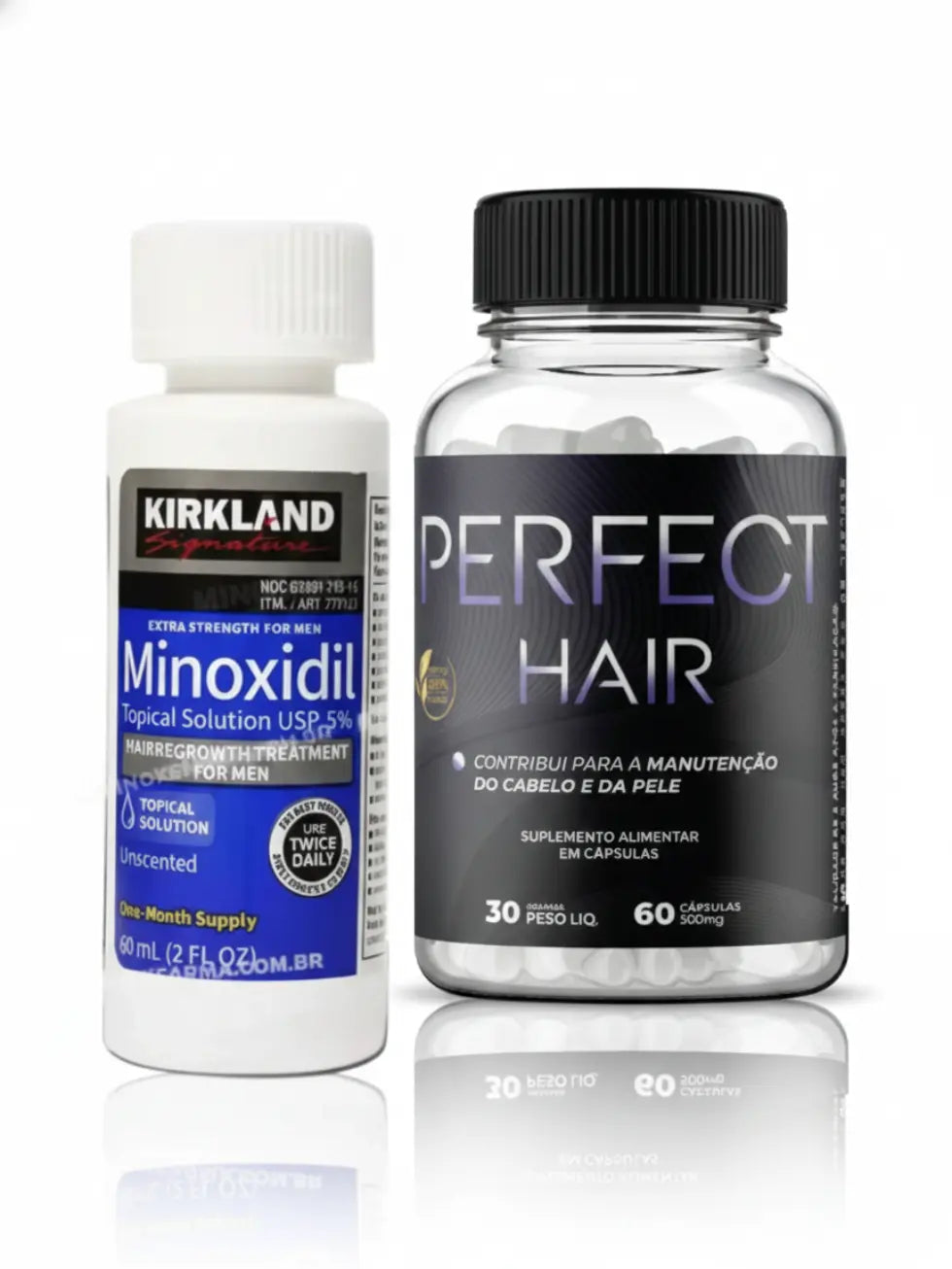 Combo com um frasco de Minoxidil Kirkland 5% e um frasco de Perfect Hair com 60 cápsulas, indicado para tratamento de um mês contra queda de cabelo e falhas na barba