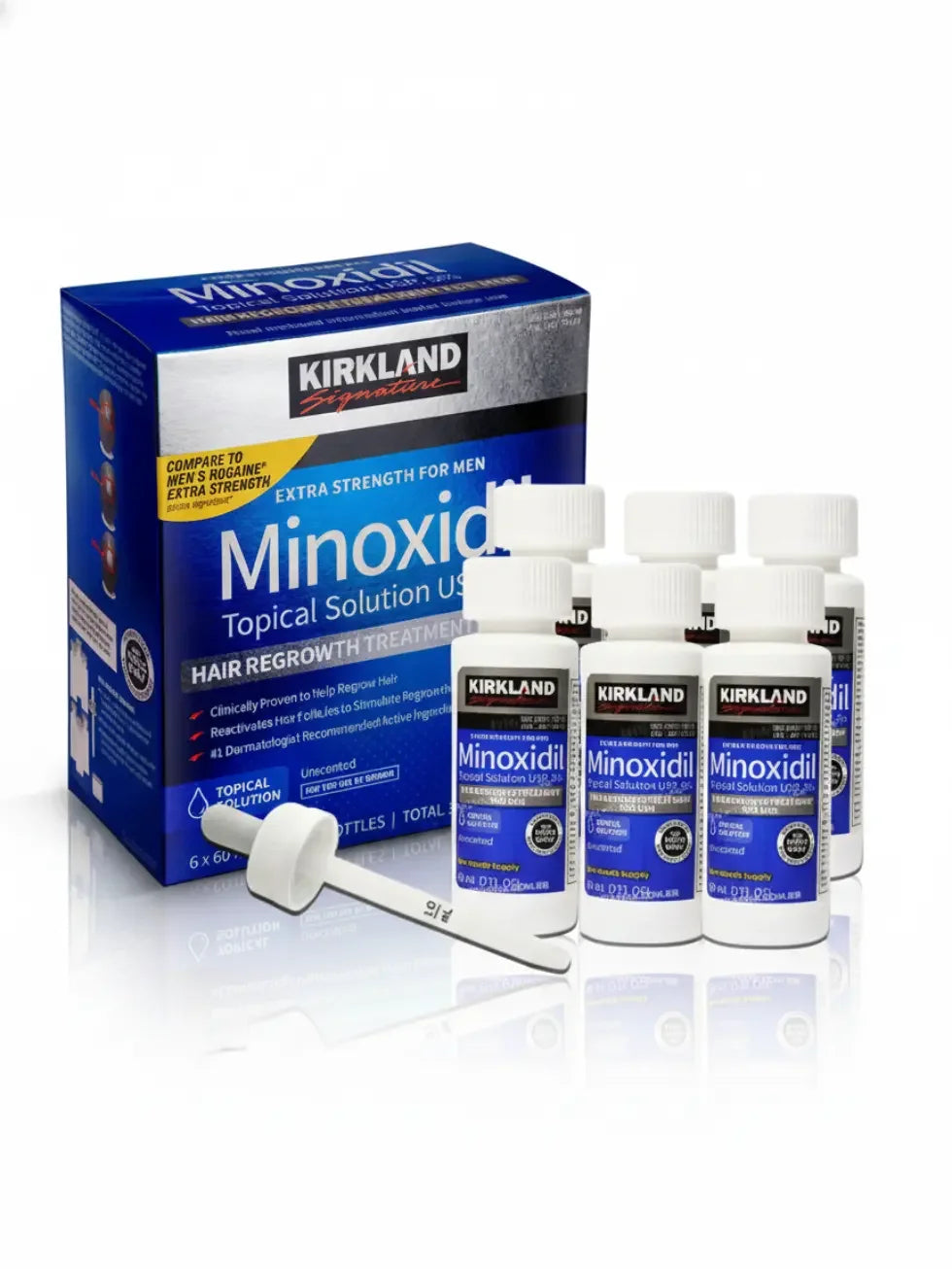 Caixa de Minoxidil Kirkland original lacrada com 6 frascos e aplicador em destaque