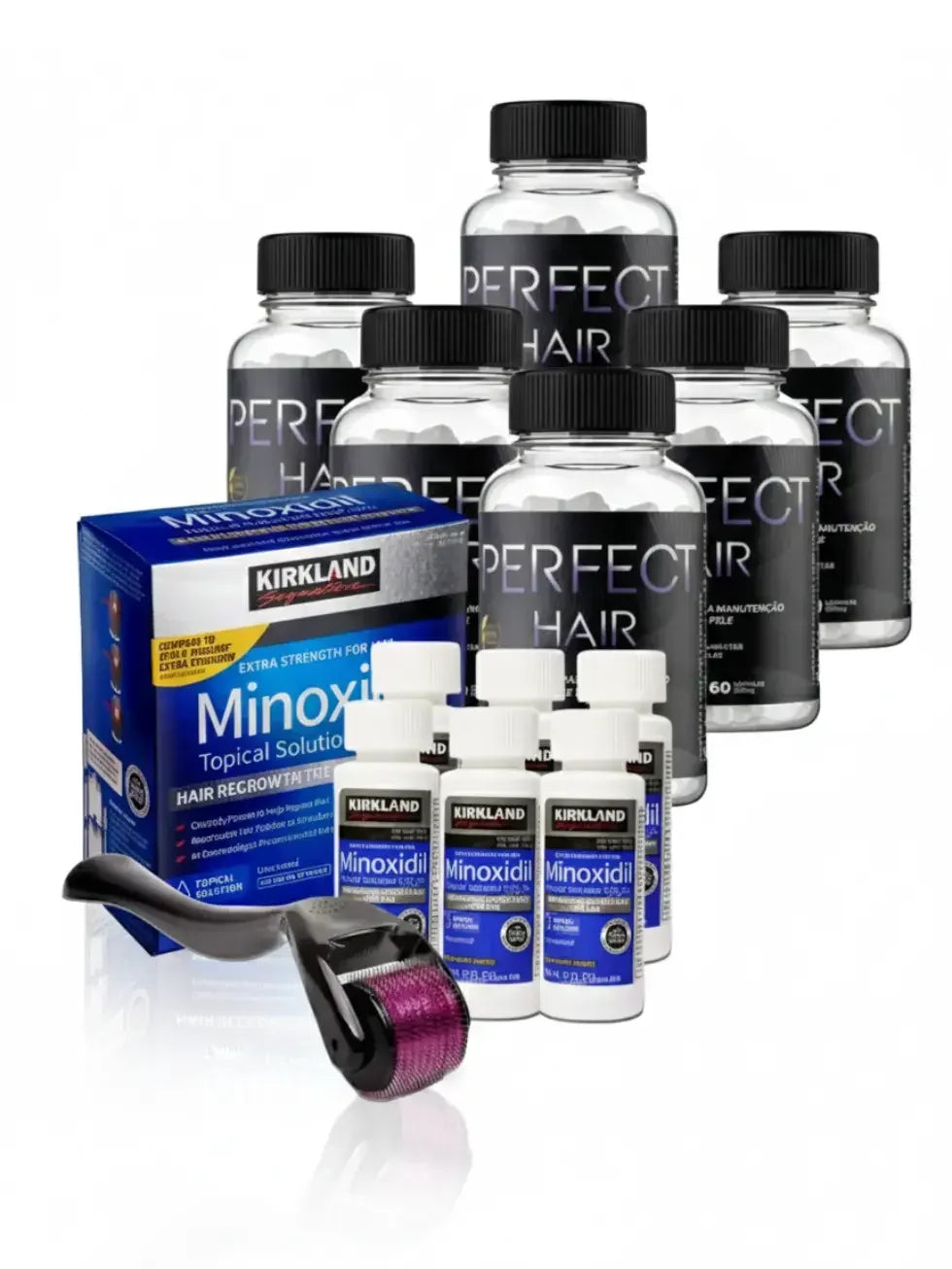 Caixa de Minoxidil kirkland original com frascos, dermaroller e vitaminas ao fundo