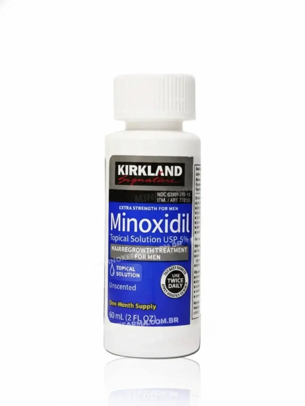 Caixa de Minoxidil kirkland original para barba e cabelo, frasco de 60ml em destaque