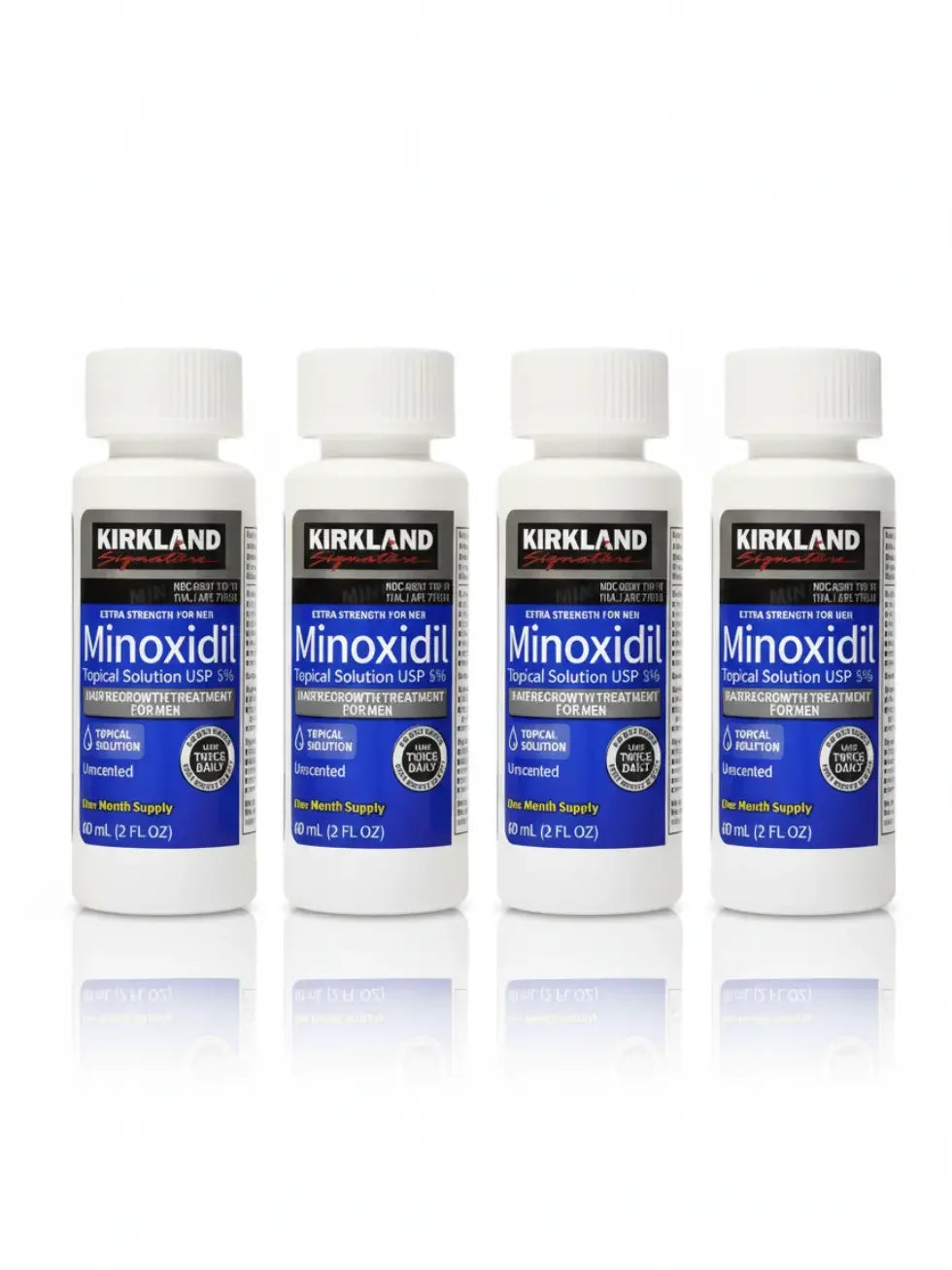 Caixa de Minoxidil kirkland original com quatro frascos de solução tópica 5%.