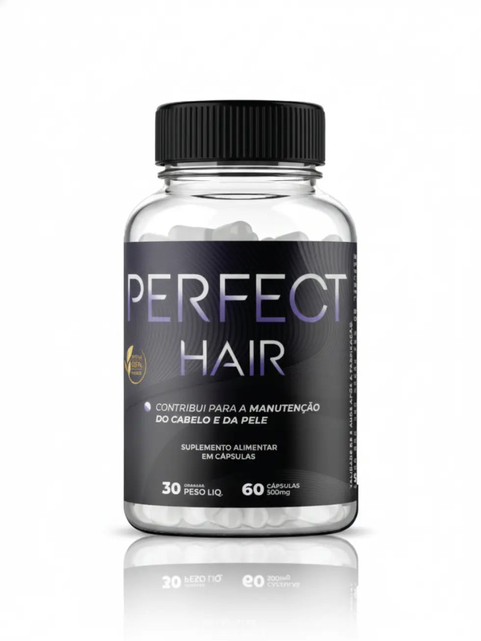 Frasco do suplemento Perfect Hair com 60 cápsulas, indicado para crescimento capilar, fortalecimento da barba e saúde da pele