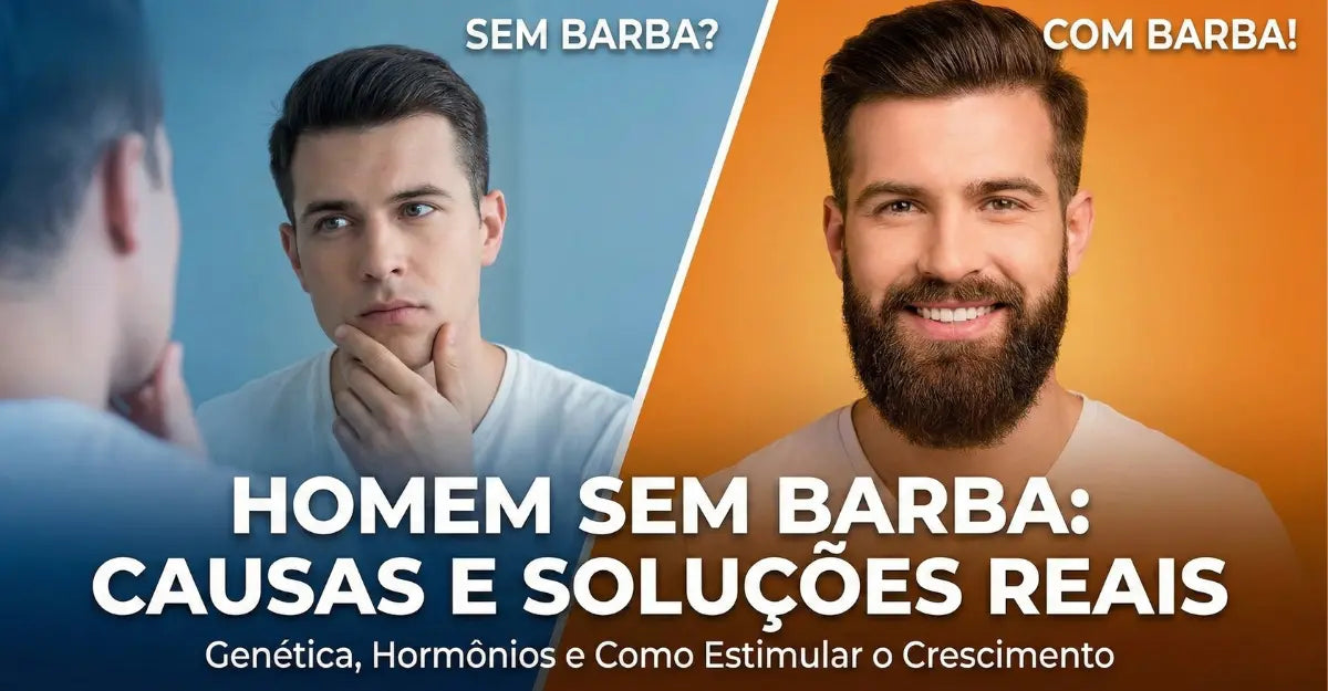 Homem olhando no espelho examinando o rosto sem barba e com falhas. Capa do artigo sobre causas da falta de pelos faciais e tratamentos para crescimento.
