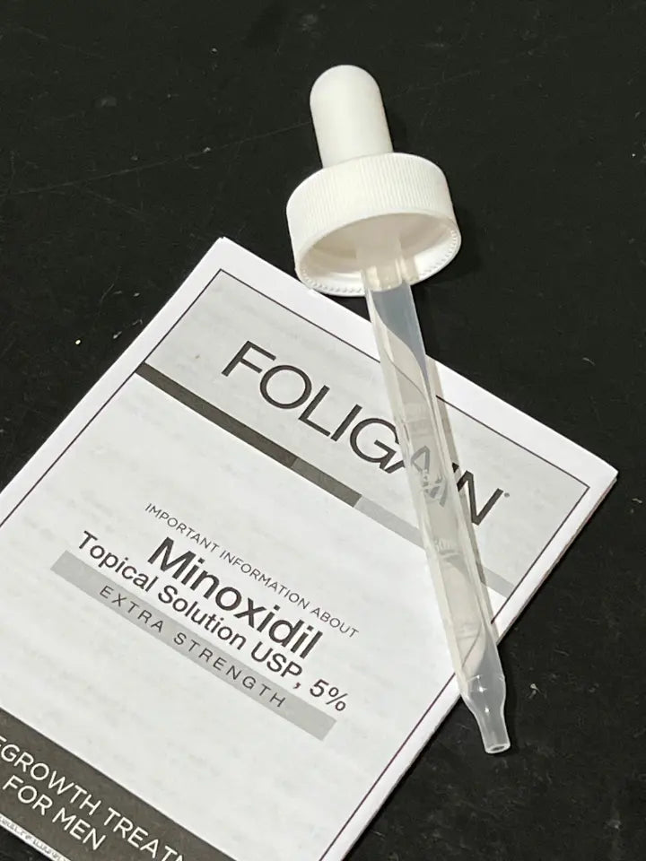 Conta-gotas dosador original do minoxidil Foligain com marcações de 0,25 a 1 ml