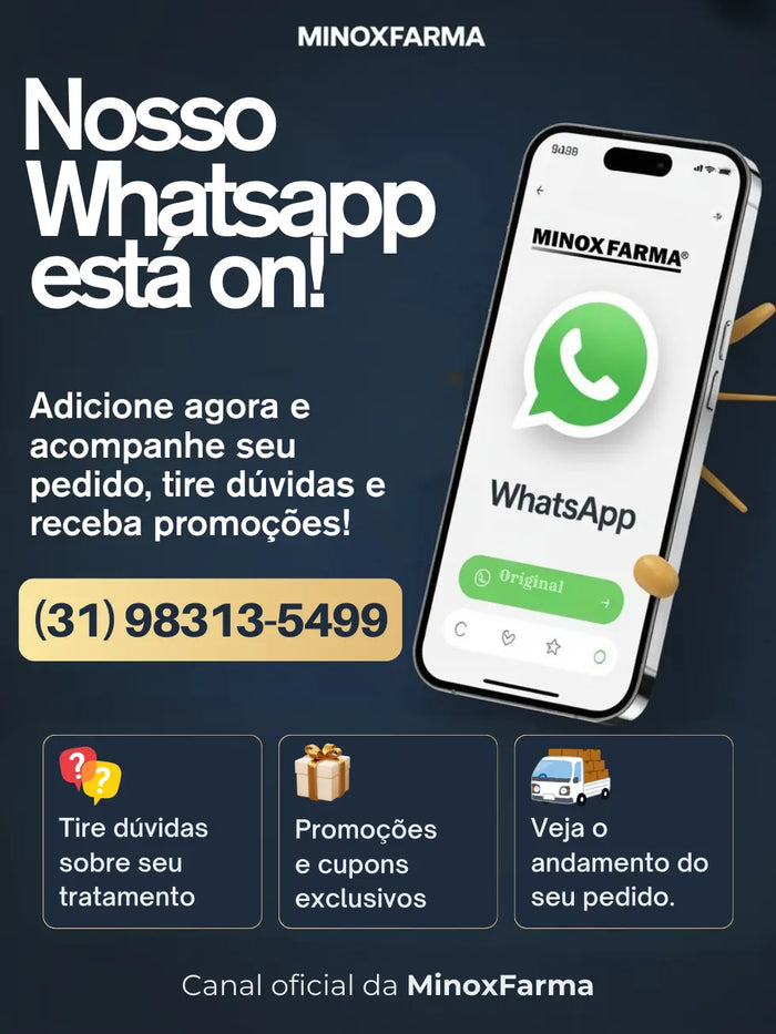 Banner da MinoxFarma com número de WhatsApp para atendimento ao cliente, dúvidas sobre tratamento, promoções e acompanhamento de pedidos