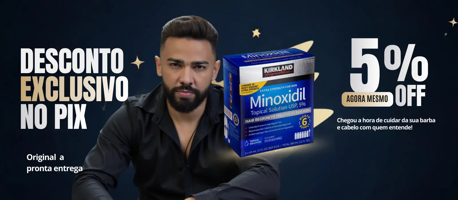 Banner 2 versão desktop da MinoxFarma com desconto exclusivo no PIX para minoxidil Kirkland original e frete grátis para todo o Brasil