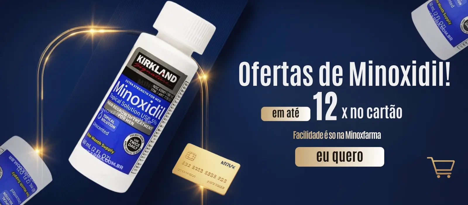 Banner 3 da MinoxFarma com ofertas de minoxidil Kirkland em até 12 vezes no cartão com facilidade de pagamento