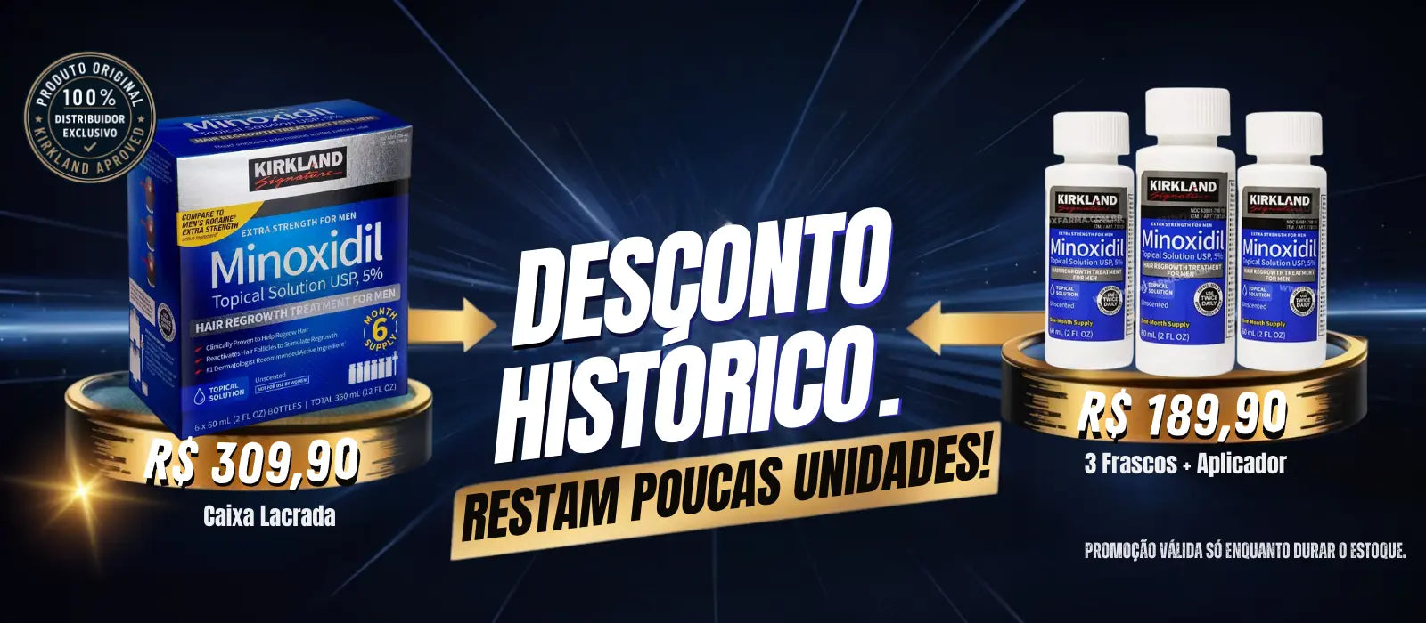 Banner de oferta MinoxFarma com minoxidil Kirkland original caixa lacrada e kit com 3 frascos + aplicador em promoção para crescimento capilar masculino