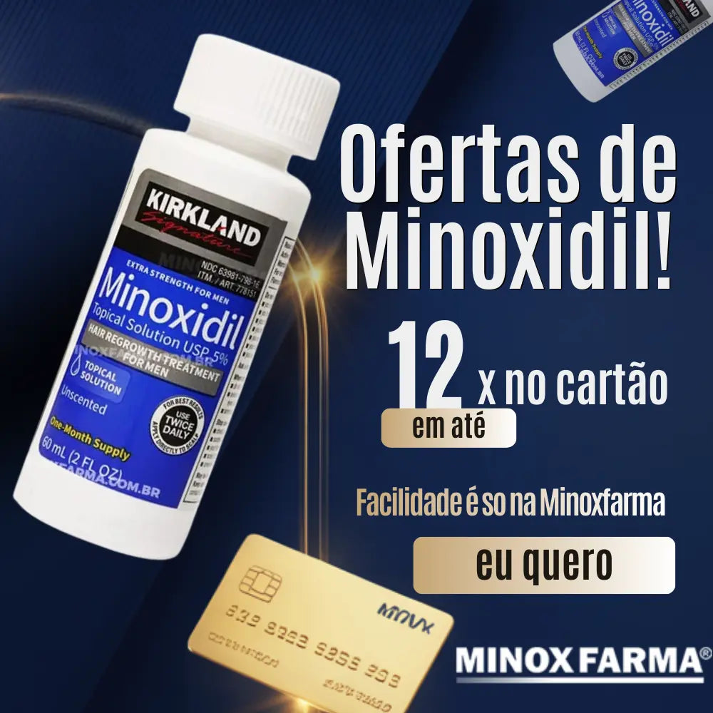 Banner mobile da MinoxFarma com ofertas de minoxidil Kirkland em até 12 vezes no cartão com facilidade de pagamento