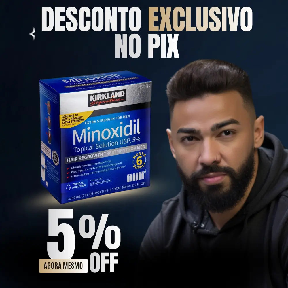 Banner mobile da MinoxFarma com desconto exclusivo no PIX no Minoxidil Kirkland original