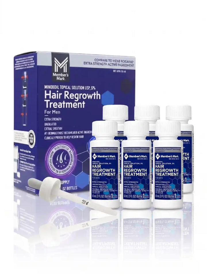 Caixa lacrada de Minoxidil Member's Mark 5% original com 6 frascos de 60ml e aplicador