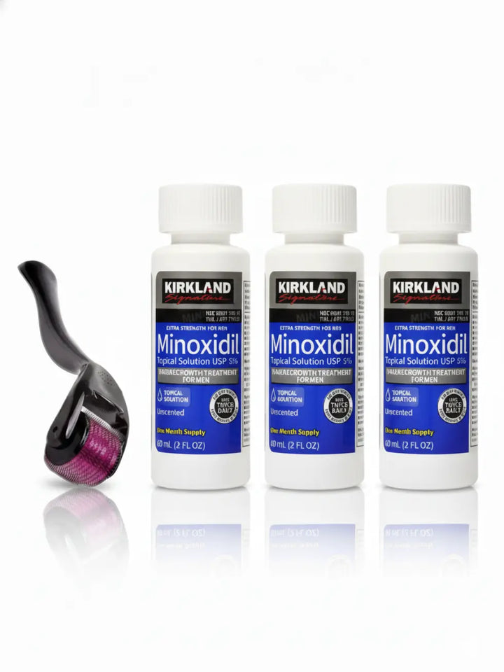 Combo com três frascos de Minoxidil Kirkland 5% e um Dermaroller 0.5mm para tratamento de três meses contra queda de cabelo e falhas na barba