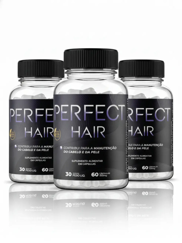 Combo com três frascos do suplemento Perfect Hair com 60 cápsulas cada, indicado para tratamento de crescimento capilar, fortalecimento da barba e saúde da pele por três meses