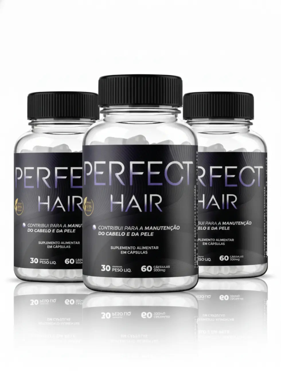 Combo com três frascos do suplemento Perfect Hair com 60 cápsulas cada, indicado para tratamento de crescimento capilar, fortalecimento da barba e saúde da pele por três meses