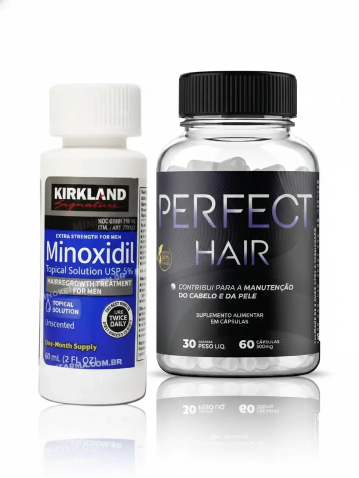 Combo com um frasco de Minoxidil Kirkland 5% e um frasco de Perfect Hair com 60 cápsulas, indicado para tratamento de um mês contra queda de cabelo e falhas na barba
