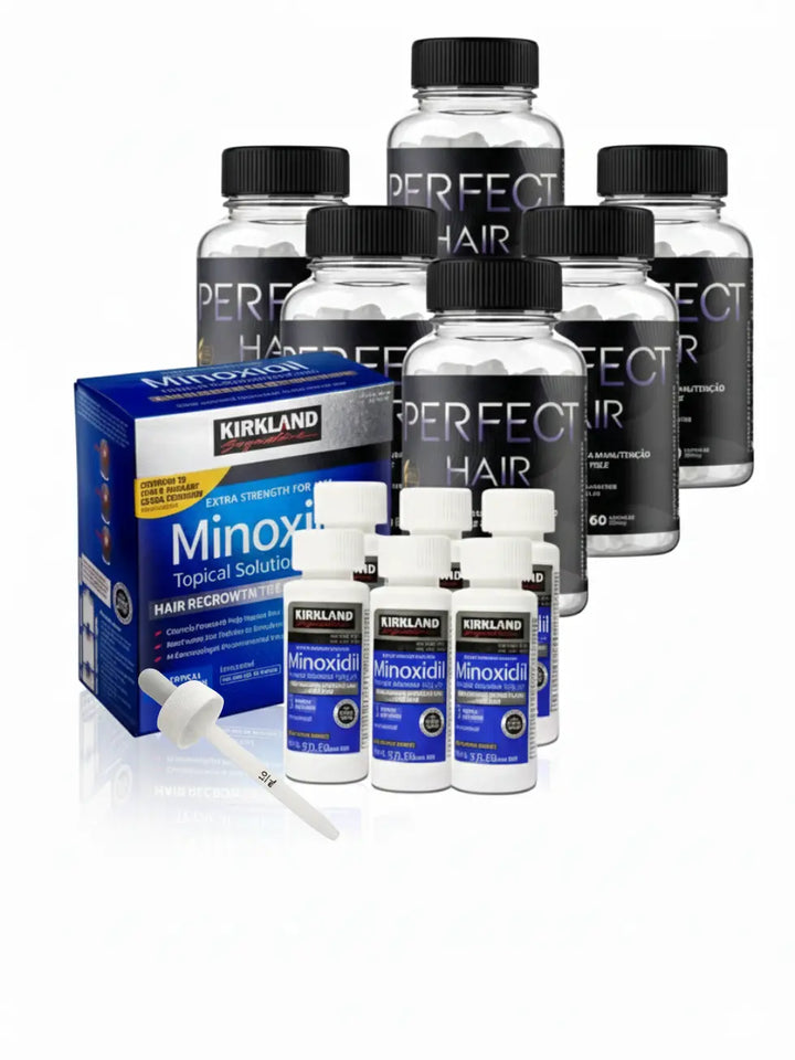 Combo MinoxFarma: Minoxidil Kirkland caixa lacrada (6 frascos) e 6 unidades de Perfect Hair para tratamento capilar completo e intensivo