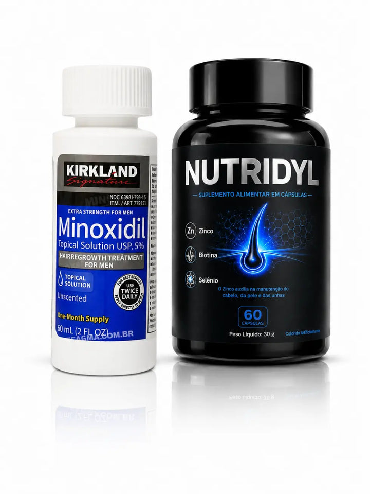 Combo com 1 frasco de Minoxidil Kirkland, 1 frasco de Nutridyl e aplicador, para 1 mês de tratamento