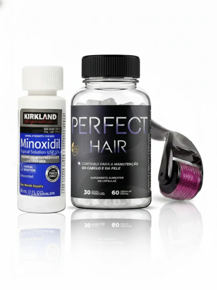 Combo com um frasco de Minoxidil Kirkland 5%, um frasco de Perfect Hair com 60 cápsulas e um Dermaroller 0.5mm, ideal para tratamento completo de um mês para cabelo e barba