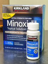 Caixa de Minoxidil Kirkland original com um frasco de solução tópica 5% para crescimento capilar.