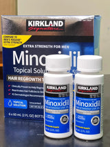 Imagem real de dois frascos de Minoxidil Kirkland 5% com a caixa original ao fundo, evidenciando a autenticidade do produto vendido pela MinoxFarma