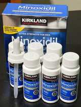 Imagem real do kit com 6 frascos de Minoxidil Kirkland 5%, caixa lacrada original e aplicador conta-gotas, vendido pela MinoxFarma