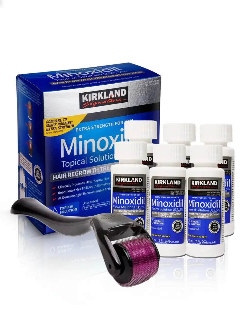 Kit com caixa lacrada de Minoxidil Kirkland 5% contendo seis frascos de 60ml e um Dermaroller 0.5mm, ideal para tratamento intensivo de barba e cabelo por seis meses