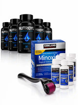 Kit completo com caixa lacrada de Minoxidil Kirkland 6 meses, frascos de Nutridyl e Dermaroller