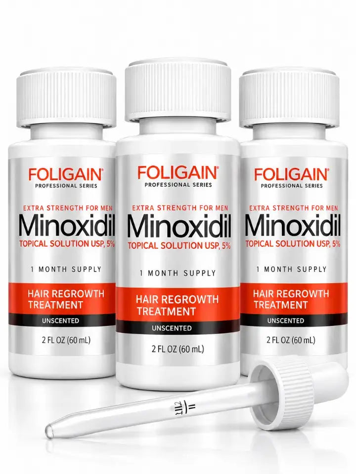 Caixa de Minoxidil Foligain 5% Original com 3 frascos de 60ml e aplicador