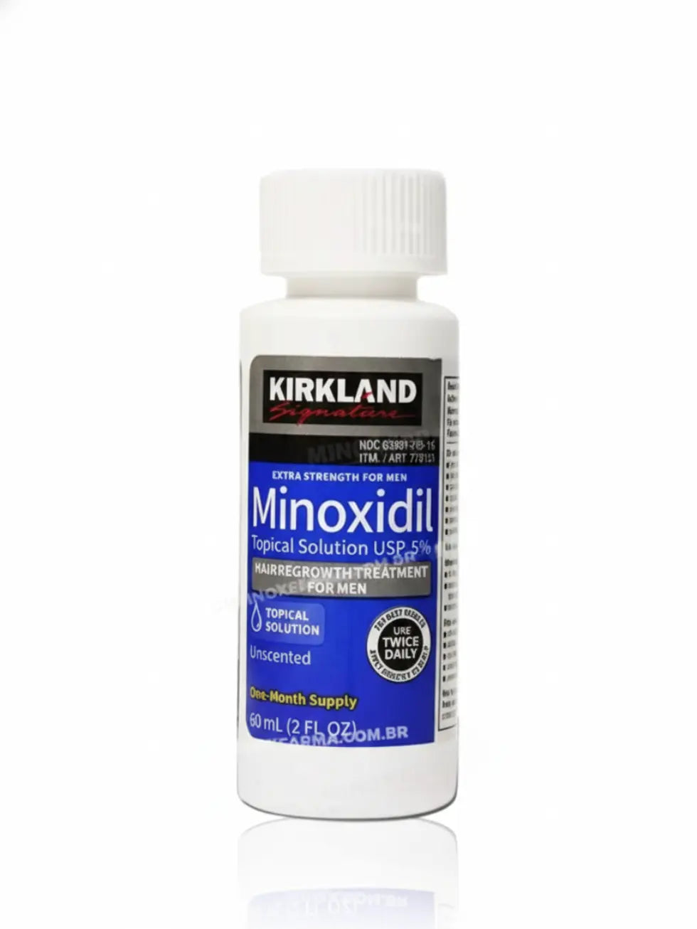 Frasco de Minoxidil Kirkland 5% com 60ml para tratamento de crescimento capilar e da barba em homens