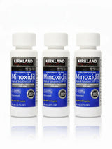 Três frascos de Minoxidil Kirkland 5% com 60ml cada, tratamento de três meses para crescimento de cabelo e barba masculina