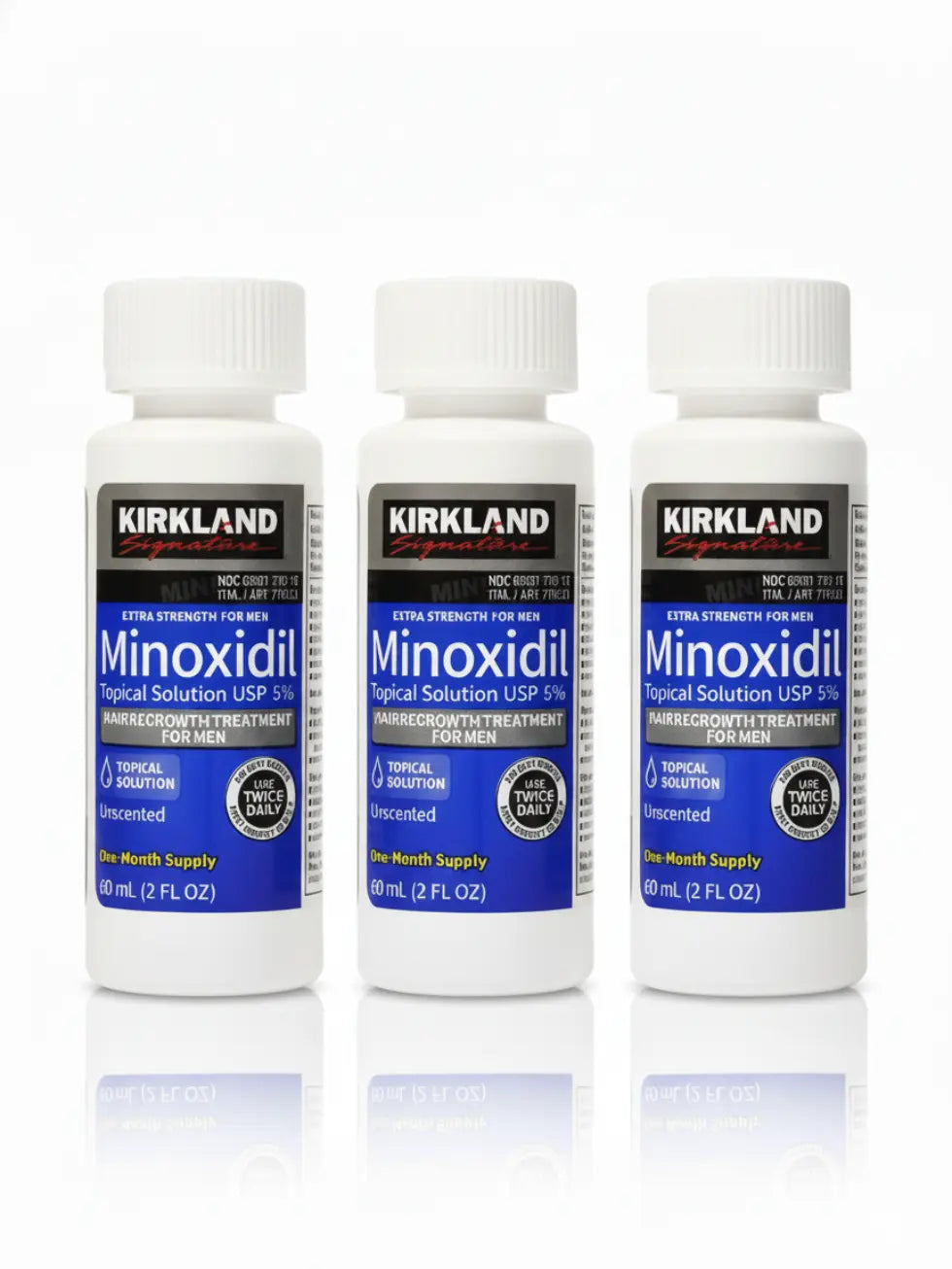 Três frascos de Minoxidil Kirkland 5% com 60ml cada, tratamento de três meses para crescimento de cabelo e barba masculina