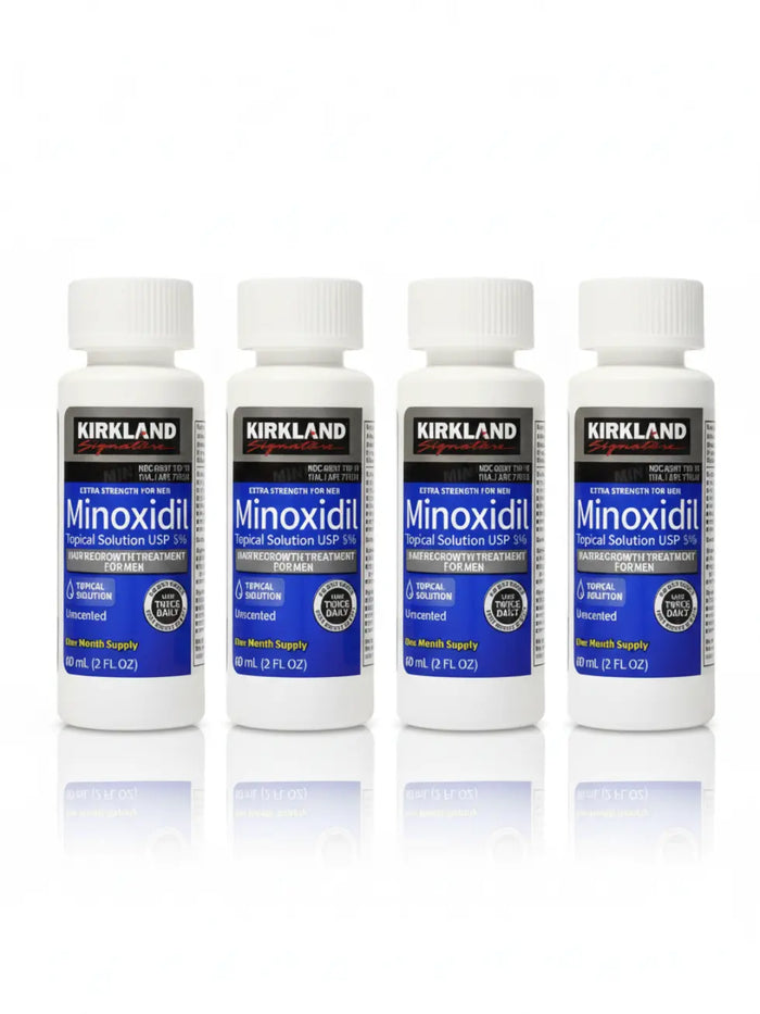 Quatro frascos de Minoxidil Kirkland 5% com 60ml cada, tratamento de quatro meses para queda de cabelo e crescimento da barba em homens