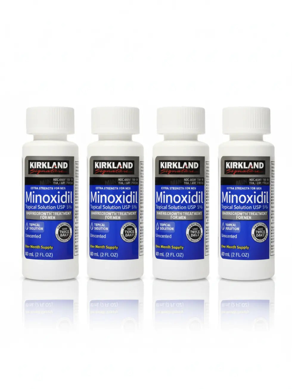 Quatro frascos de Minoxidil Kirkland 5% com 60ml cada, tratamento de quatro meses para queda de cabelo e crescimento da barba em homens