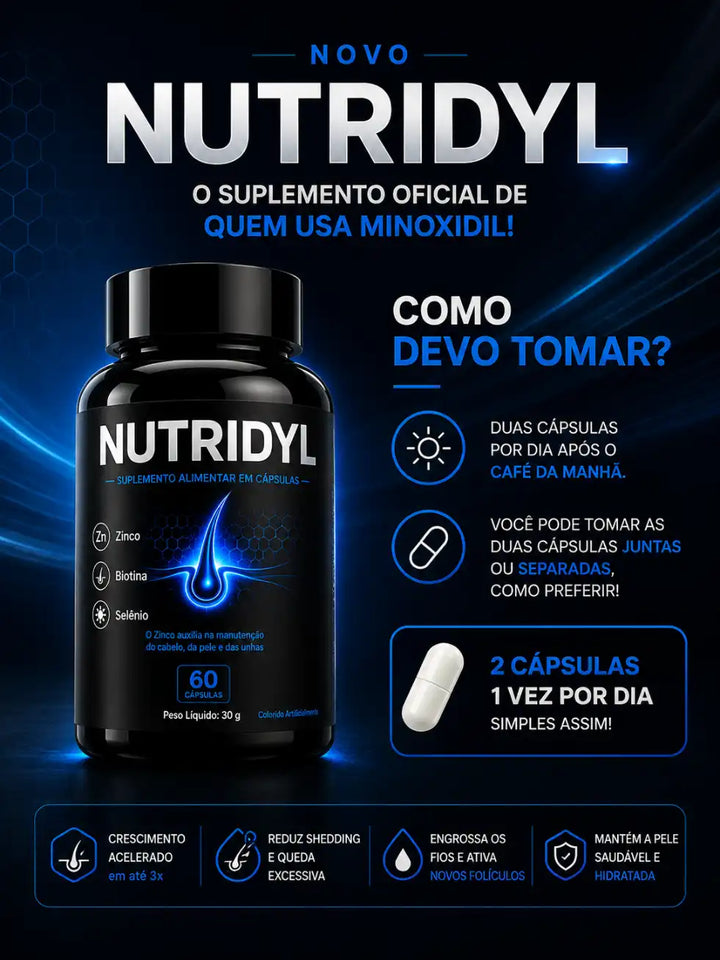 Frasco de Nutridyl com 60 cápsulas e o modo de uso: 2 cápsulas por dia após o café da manhã, juntas ou separadas