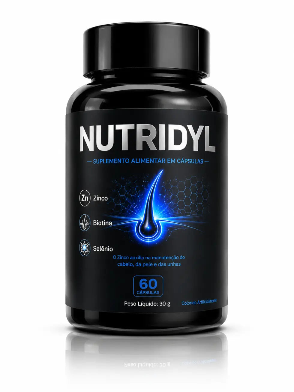Frasco de Nutridyl com 60 cápsulas, suplemento para cabelo, barba, pele e unhas