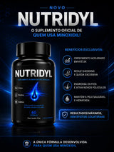 Frasco de Nutridyl, suplemento alimentar em cápsulas com zinco, biotina e selênio, indicado para quem usa Minoxidil