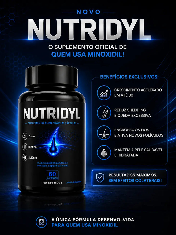 Frasco de Nutridyl, suplemento alimentar em cápsulas com zinco, biotina e selênio, indicado para quem usa Minoxidil