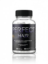 Frasco do suplemento Perfect Hair com 60 cápsulas, indicado para crescimento capilar, fortalecimento da barba e saúde da pele