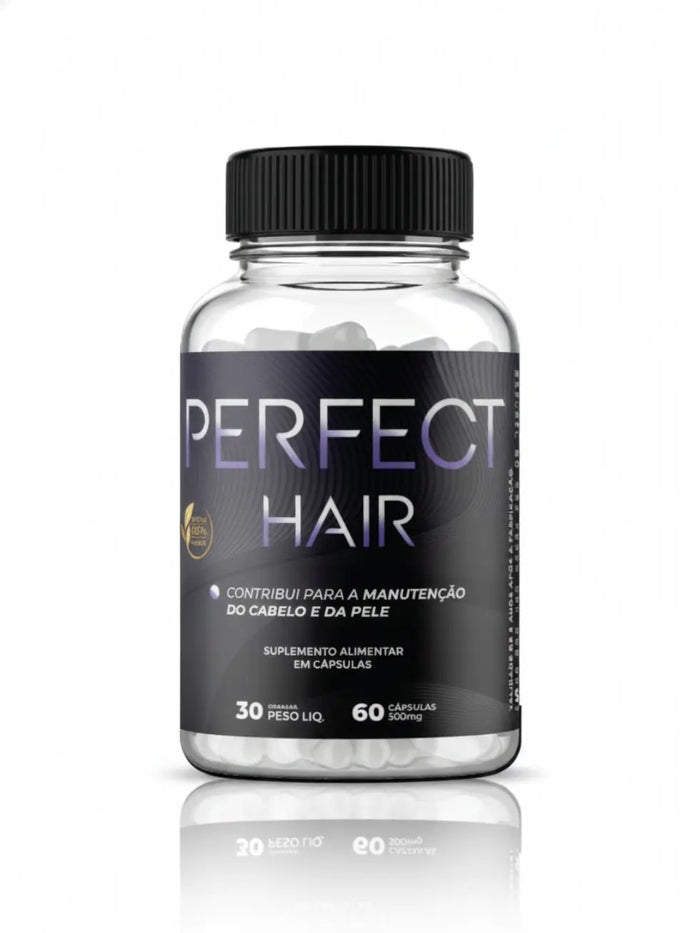 Frasco do suplemento Perfect Hair com 60 cápsulas, indicado para crescimento capilar, fortalecimento da barba e saúde da pele