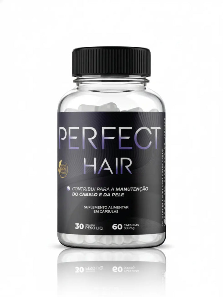 Frasco do suplemento Perfect Hair com 60 cápsulas, indicado para crescimento capilar, fortalecimento da barba e saúde da pele